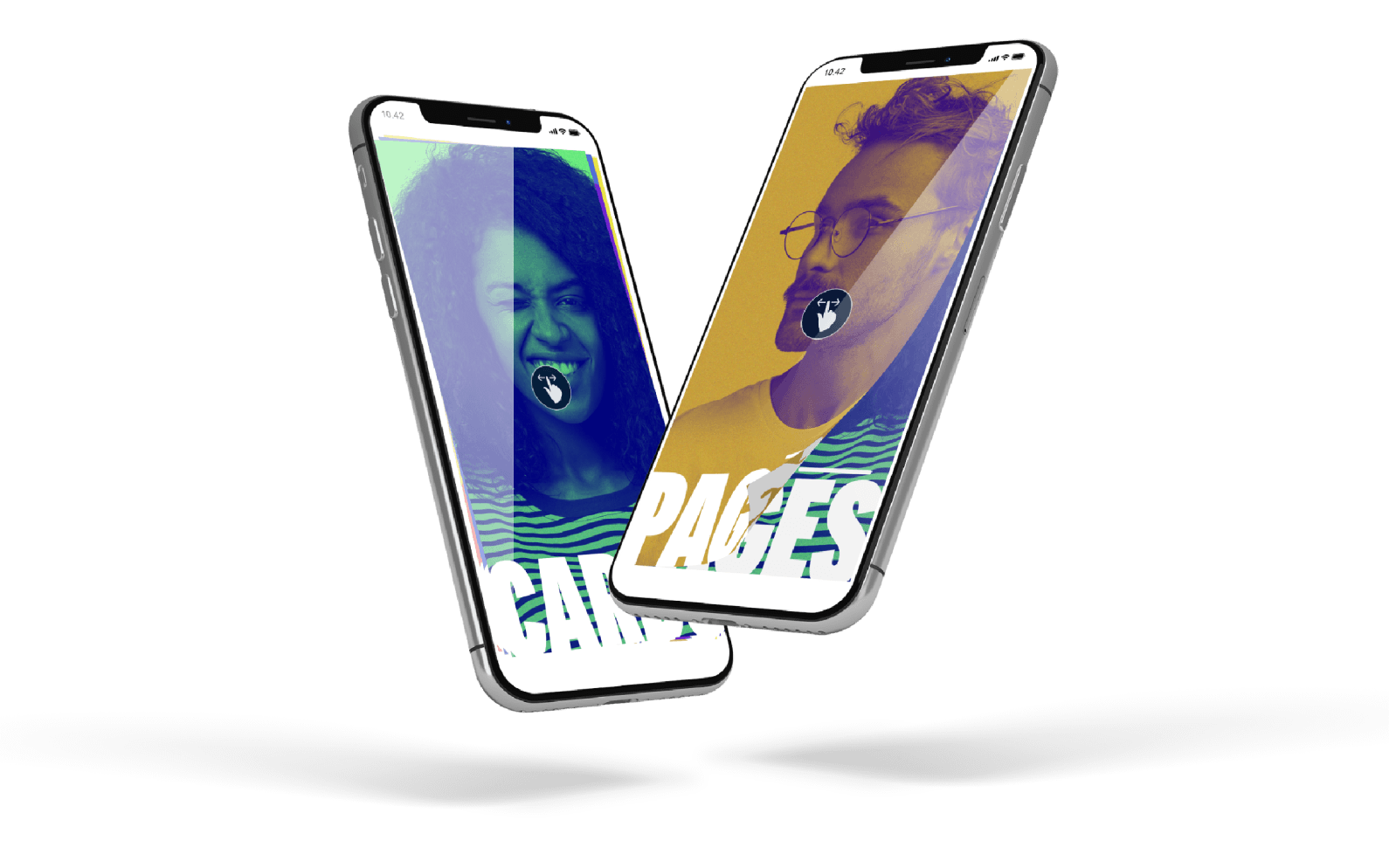 Two phones floating in the air with rich media advertising on the screens