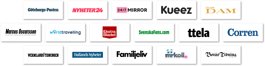 White cards with logos of Swedish publishers