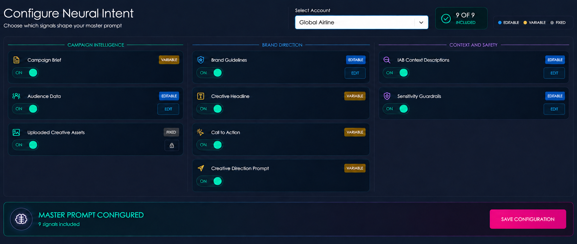 Configure Neural Intent master prompt signals
